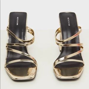 Prettylittlething Gold Block Heel Strappy Mule Sandal